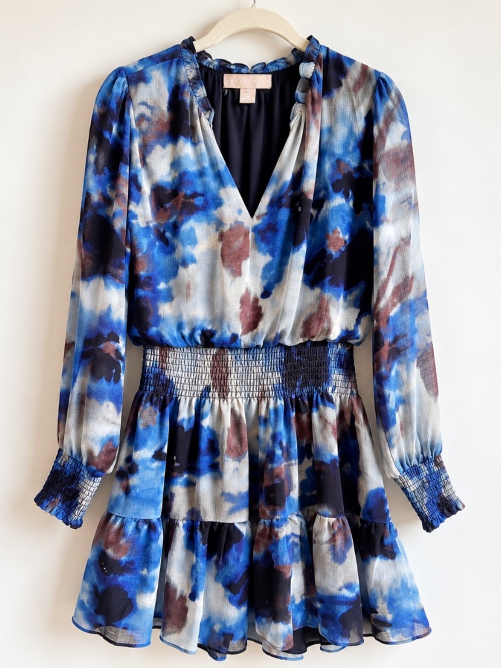 NWOT Chelsea28 Long Sleeve Chiffon Tiered Mini Dress - Black Blue Watercolor M